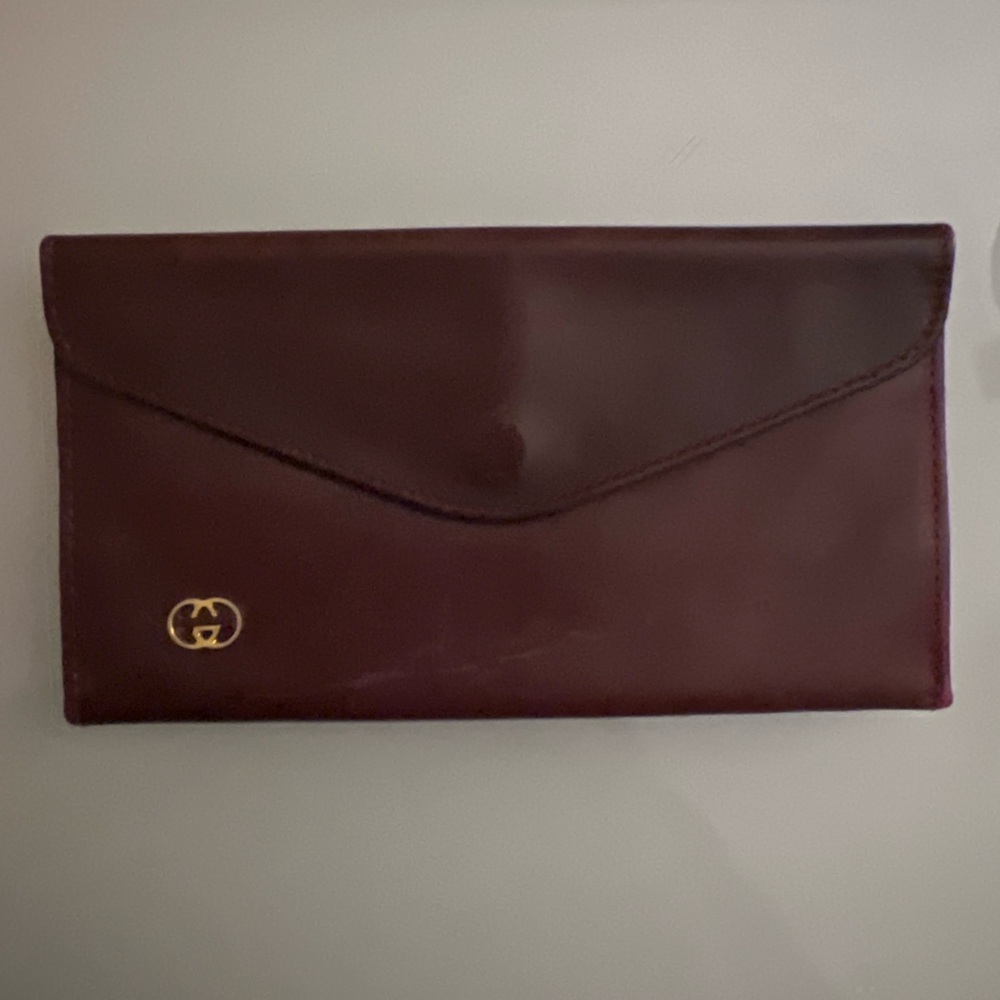 GUCCI Vintage Burgundy Leather Envelope Wallet Clutch Gold Logo - Picture 11 of 15